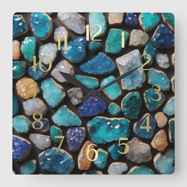 Horloge Carrée Pierres bleues découpées en or (Recto)