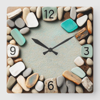 Horloge Carrée Pierres océaniques et bois d'oeuvre en verre de me