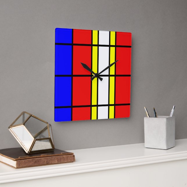 Horloge Carrée Piet Mondrian Art Style moderne Couleurs vives Squ (Bureau)