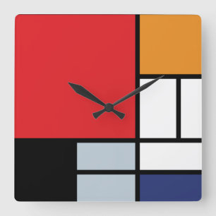 Horloge Carrée Piet Mondrian - Composition avec grand plan rouge
