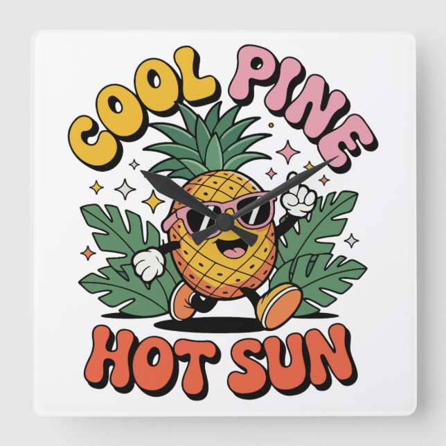Horloge Carrée Pine Cool Soleil Chaud Rétro Ananas Vibes d'Été (Recto)