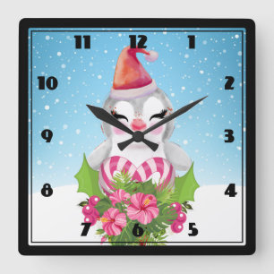 Horloge Carrée Pingouin de Noël mignon à Santa Hat