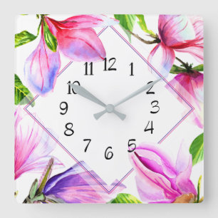 Horloge Carrée Pink and Purple Violet Floral Wall Clock