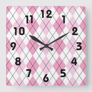 Horloge Carrée Pink and White Argyle Wall Clock