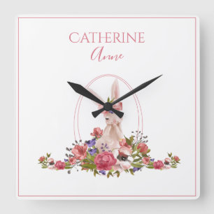 Horloge Carrée Pink Animal Bunny Floral Girly