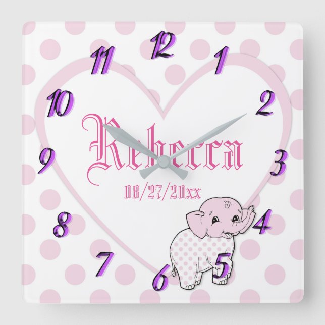 Horloge Carrée Pink Baby Girl Elephant Heart and Polka Dots (Recto)