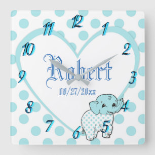 Horloge Carrée Pink Baby Girl Elephant Heart and Polka Dots