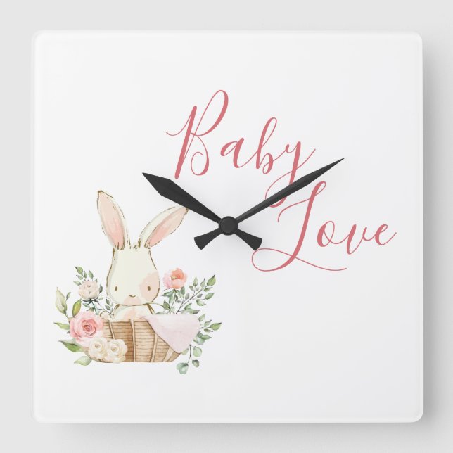 Horloge Carrée Pink Baby Love Script Woodland Forest Bunny Rabbit (Recto)