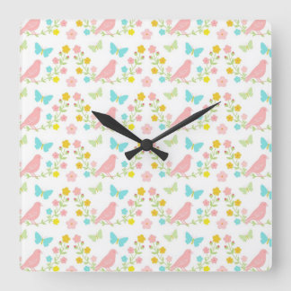 Horloge Carrée Pink birds et blue butterflies
