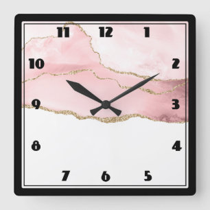 Horloge Carrée Pink Blush Agate with Gold Ribbon Elegant