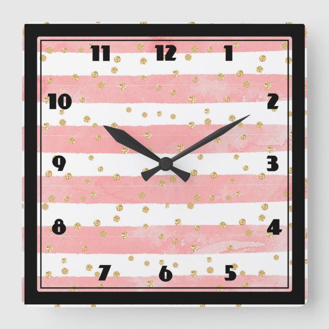 Horloge Carrée Pink Blush Stripes with Faux Gold Confeti (Recto)