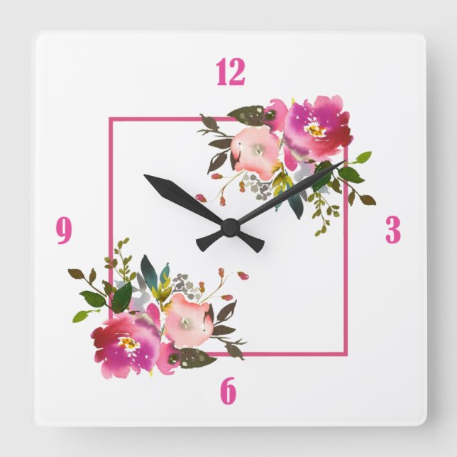 Horloge Carrée Pink Floral Acrylic Wall Clock (Recto)