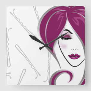 Horloge Carrée Pink girl hair Salon clock