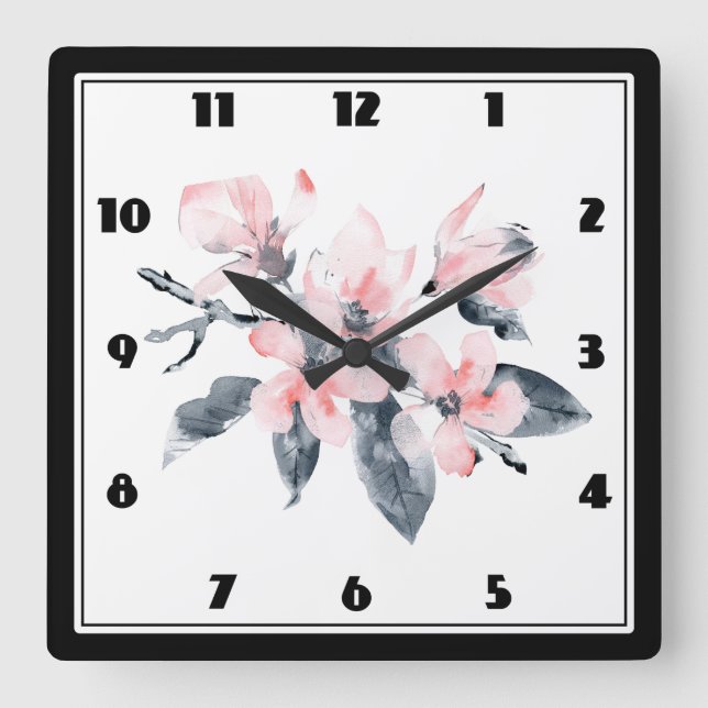 Horloge Carrée Pink & Gray Flowers Classy Watercolor (Recto)
