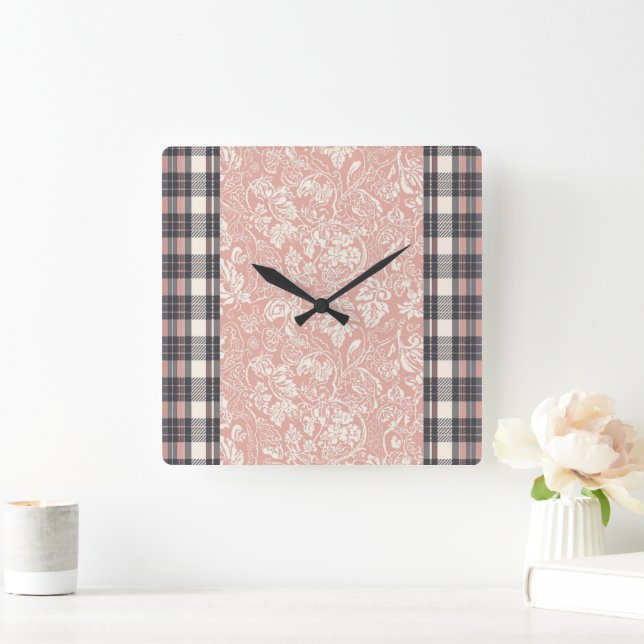 Horloge Carrée Pink & grey plaid stripes AI art  (Maison)
