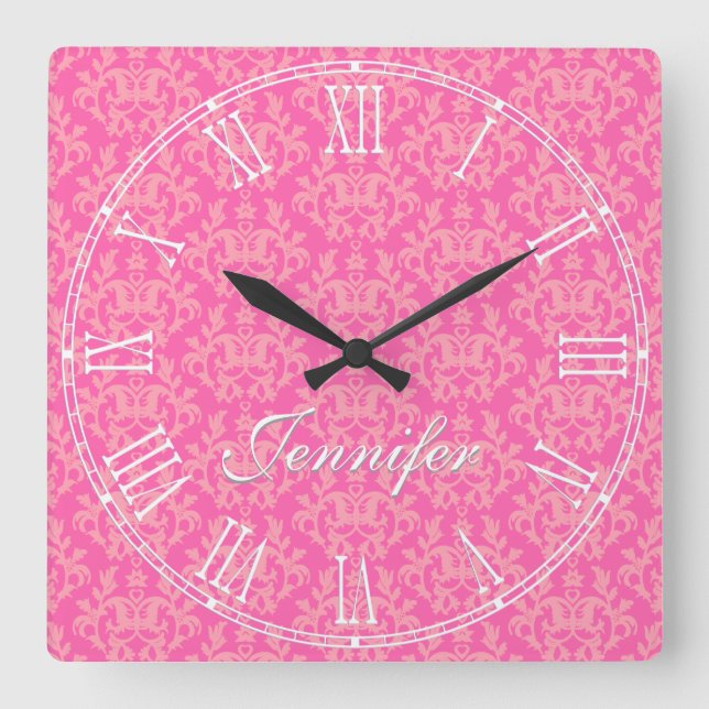 Horloge Carrée Pink kangaroo paw & heart damask name wall clock (Recto)