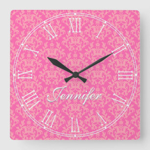 Horloge Carrée Pink kangaroo paw & heart damask name wall clock