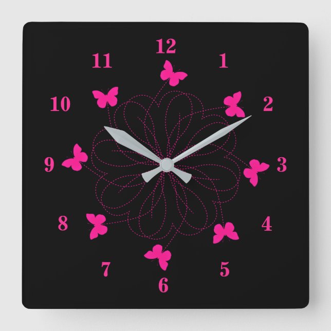 Horloge Carrée Pink Love - Papillons volants (Recto)