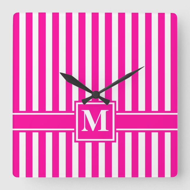 Horloge Carrée Pink Modern Stripe with Monogram (Recto)