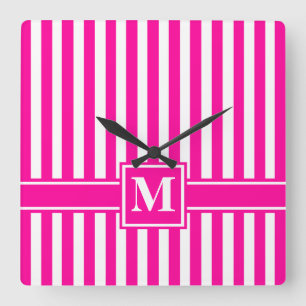 Horloge Carrée Pink Modern Stripe with Monogram