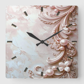 Horloge Carrée Pink Ornate Pearl and Floral Wall Clock