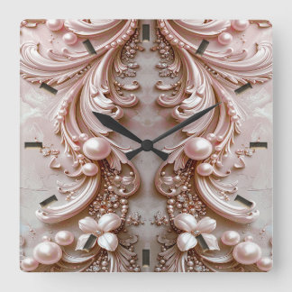 Horloge Carrée Pink Ornate Pearl and Floral Wall Clock