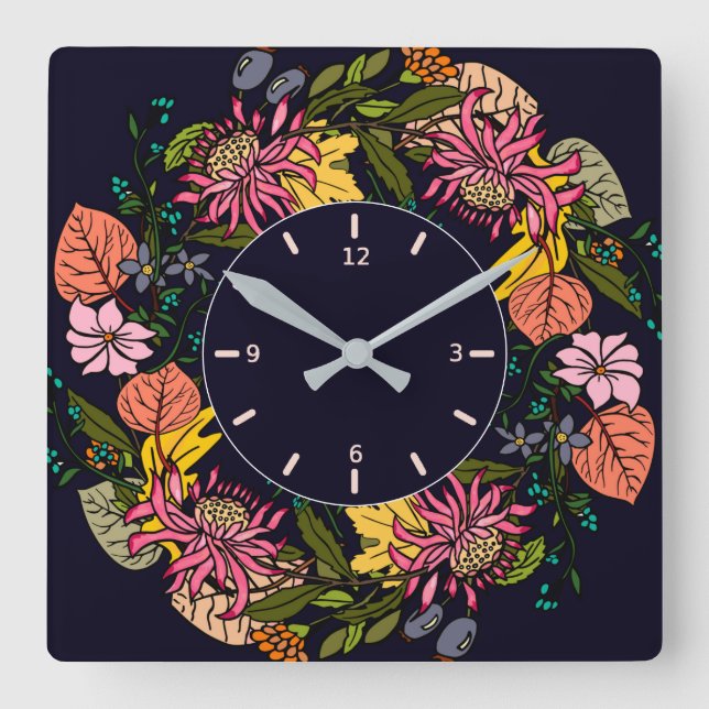 Horloge Carrée Pink red and yellow aster flower wreath chalkboard (Recto)