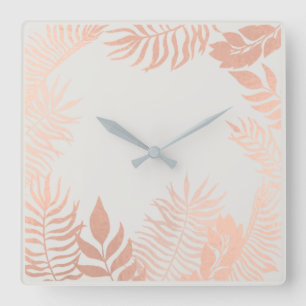 Horloge Carrée Pink Rose Gold Metallic Grey Palm Botanical Pastel