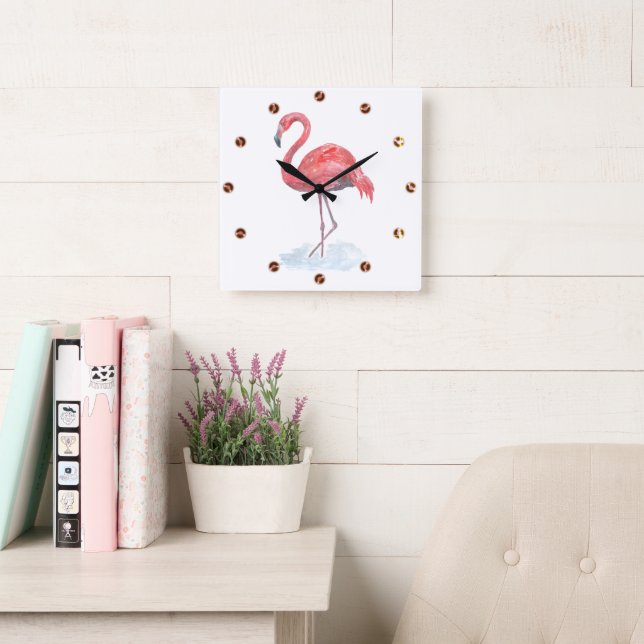 Horloge Carrée Pink watercolor Flamingo . (Salle de lecture)