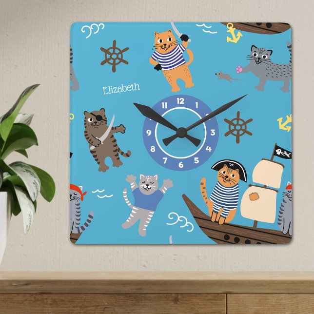 Horloge Carrée Pirate Motif de chat pour garçon et fille enfants (Créateur téléchargé)