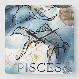Horloge Carrée Pisces twin fish zodiac black gold flowers planets