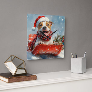 Horloge Carrée Pitbull Chien en Luge Laissez Tomber la Neige Noël