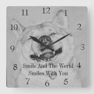 Horloge Carrée piture drôle noir et blanc de chien de sourire