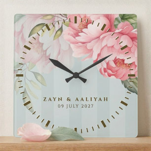 Horloge Carrée Pivoine Rose Cadeau Élégant Vert Sauge Or