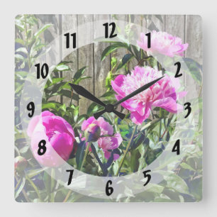 Horloge Carrée Pivoines roses par clôture de Stockade