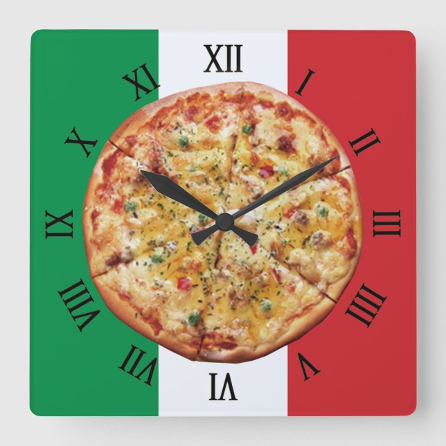 Horloge Carrée Pizza ~ Numéros romains ~ Drapeau italien ~ (Recto)