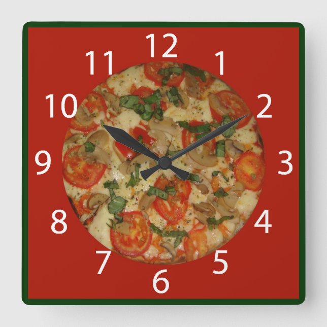 Horloge Carrée Pizza Time - Red border & White Numbers (Recto)