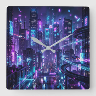 Horloge Carrée Place cyberpunk néon Cité futuriste