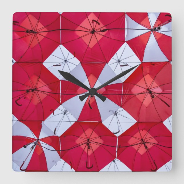 Horloge Carrée Plafond à parapluie ouvert rouge et blanc (Recto)