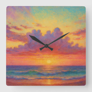 Horloge Carrée Plage au coucher de soleil pastel - Paysage marin 