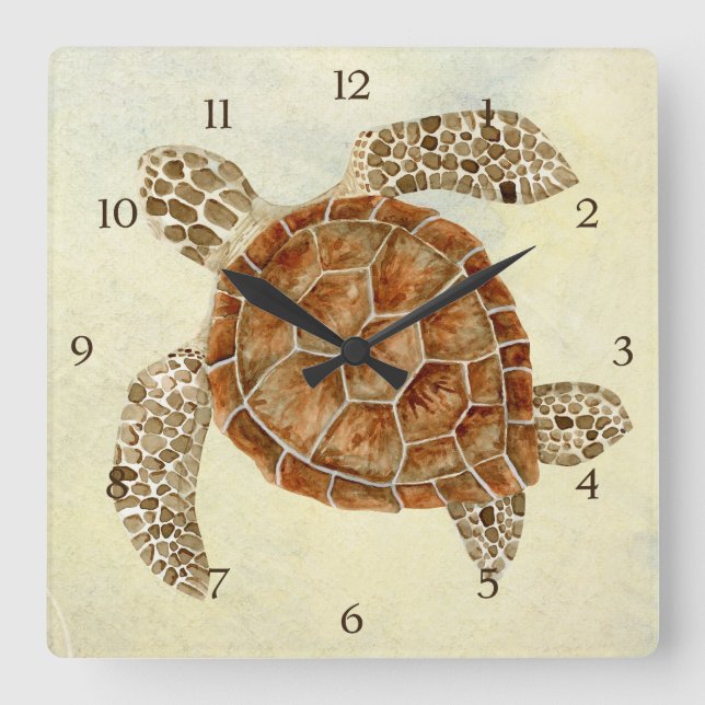 Horloge Carrée Plage côtière Océan Plage Collage Tortue de mer (Recto)