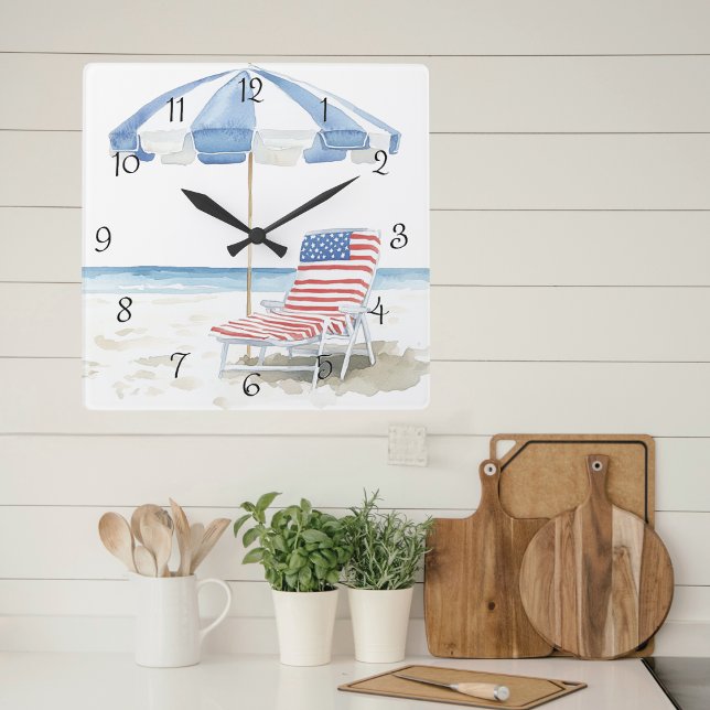 Horloge Carrée Plage d'aquarelle côtière Americana Été (Créateur téléchargé)