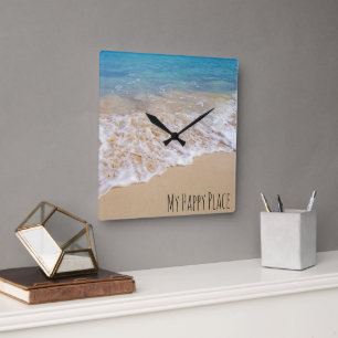 Horloge Carrée Plage de l'océan turquoise avec ressac écumeux
