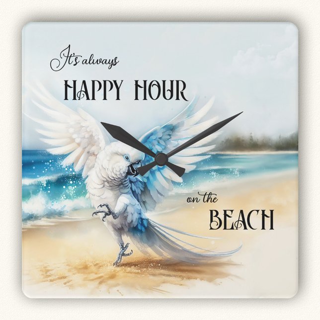 Horloge Carrée Plage de perroquets de danse amusante (Wall clock featuring a painting of a funny dancing cockatoo parrot on the beach)