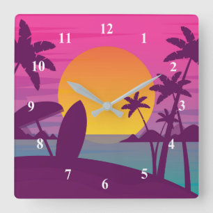 Horloge Carrée Plage de surf de coucher de soleil violet