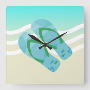 Horloge Carrée Plage d'été bleu et vert Vagues Flip Flops