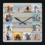 Horloge Carrée Plage Ocean Distressed Wood 12-photo Collage Photo<br><div class="desc">This nautical weathered design features a multi-color wood plank background with space for 12 photos! Cliquez sur le bouton Concustomize pour plus de flexibilité dans les modifications/adding text and design elements! Variations of this design as well as coordinating products are available in our shop, zazzle.com/store/doodlelulu. Contact us us if you...</div>