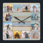 Horloge Carrée Plage Ocean Distressed Wood 12-photo Collage Photo<br><div class="desc">This nautical weathered design features a multi-color wood plank background with space for 12 photos! Cliquez sur le bouton Concustomize pour plus de flexibilité dans les modifications/adding text and design elements! Variations of this design as well as coordinating products are available in our shop, zazzle.com/store/doodlelulu. Contact us us if you...</div>