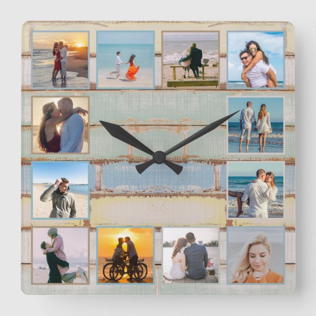Horloge Carrée Plage Ocean Distressed Wood 12-photo Collage Photo (Recto)