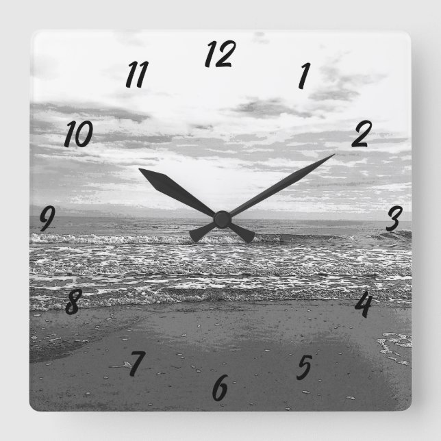 Horloge Carrée Plage Océan Mer Abstrait Noir Blanc Simple Paysage (Recto)